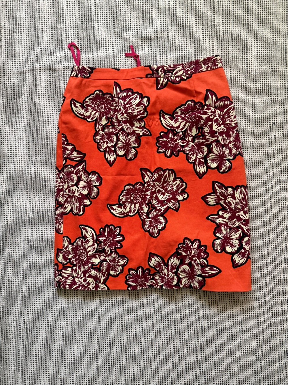 Maeve Orange Pencil Skirt with Burgundy and Cream Floral Print